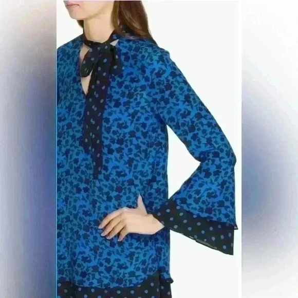 Alice + Olivia Wellesly Tie Neck Bell Sleeve Navy Blue Size Small - Picture 2 of 8